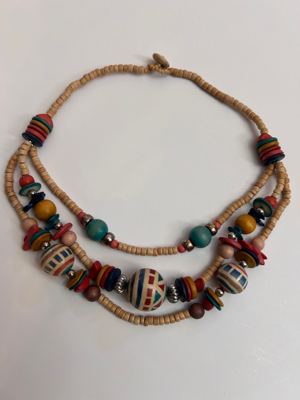 Boho Multi-Bead Wood Necklace in Natural, Teal & Red